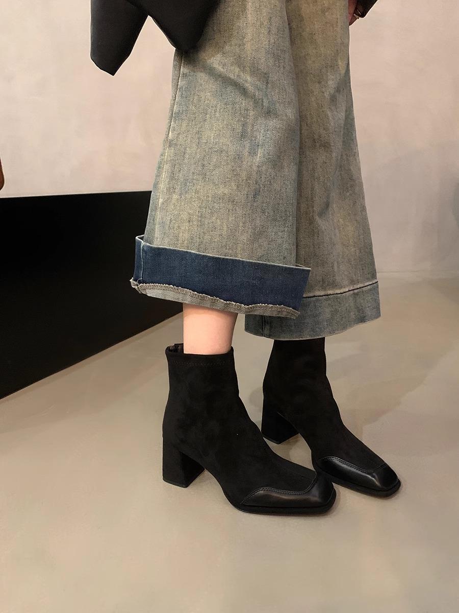 

Черные толстые каблуки, высокие каблуки, женские короткие сапоги на осень и зиму, женские одинарные сапоги, тонкие сапоги с квадратным носком, короткие замшевые сапоги без каблука 39 чёрный