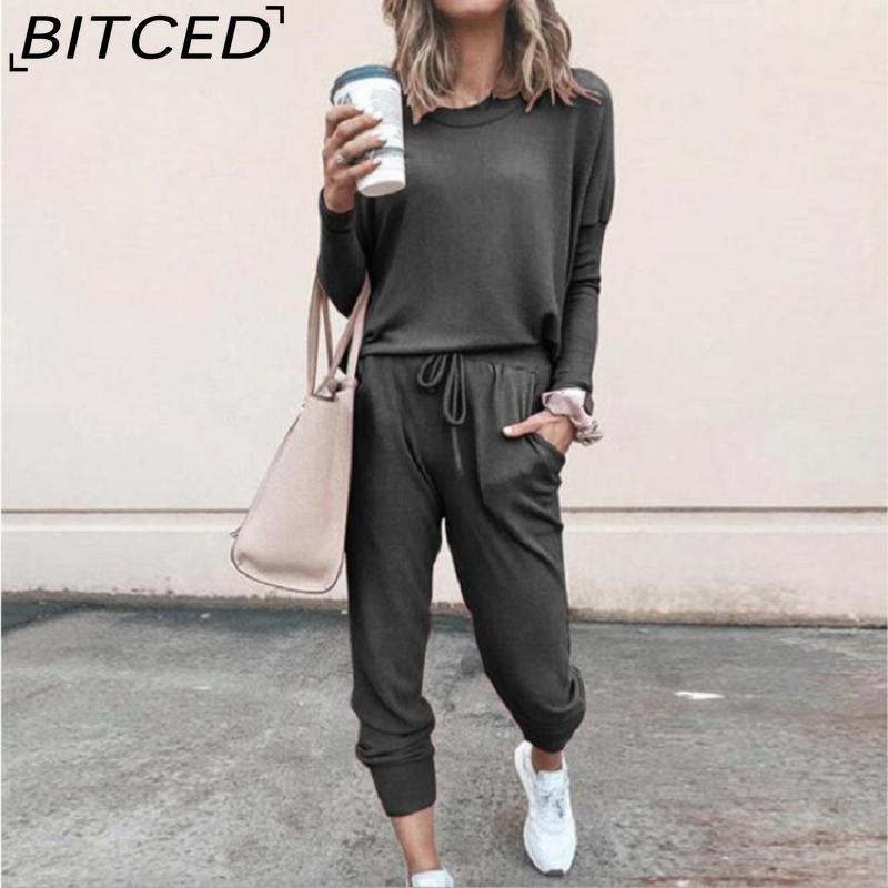 BITCED Spring and Autumn Women's Loose Solid Colour Long Sleeve Long Pants Casual Suit