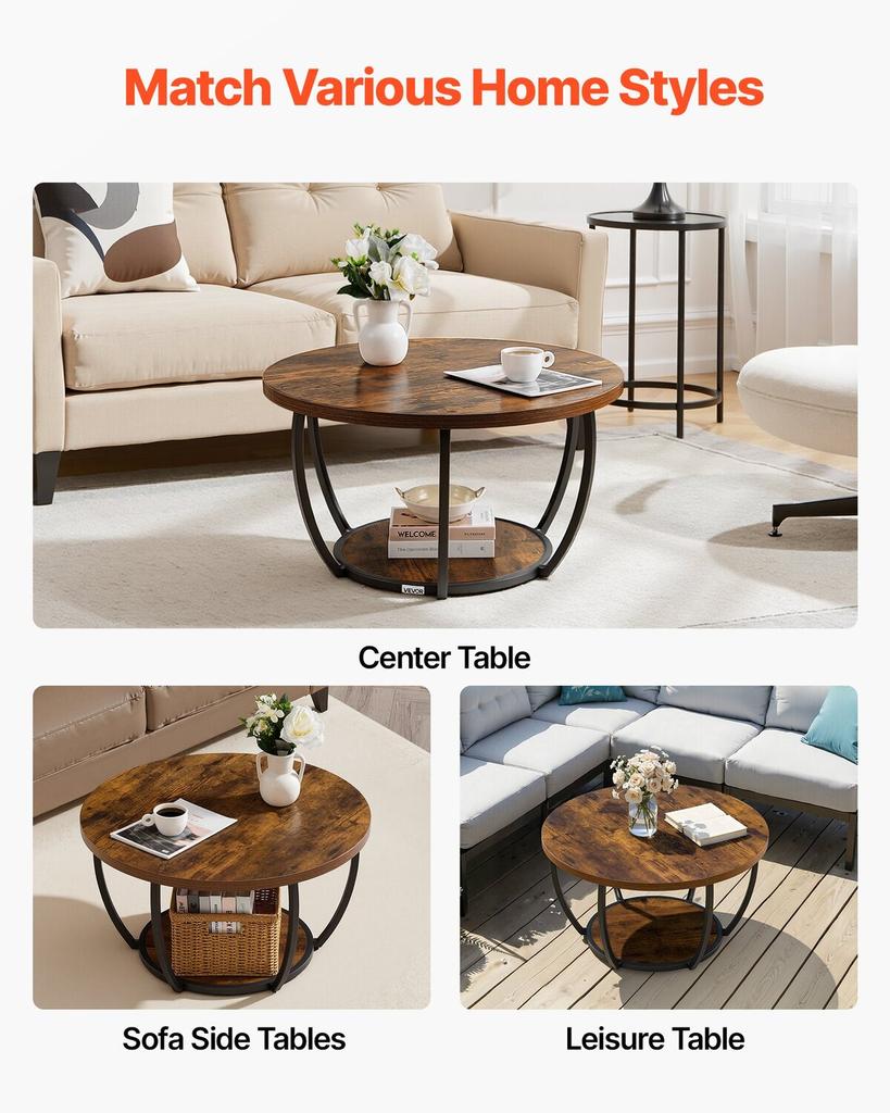 Coffee Table, Modern Round Coffee Table, 2 Tiers Wooden Circle Center Desk with Open Storage, Minimalist Sturdy Metal Frame Accent End Desk for Living