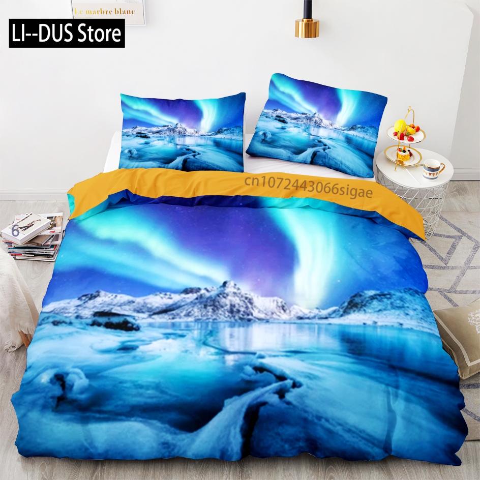 New Space Galaxy Aurora Sunset Glow Bedding Set Single Twin Full Queen King Size Sky Stars Cloud Bed Set Aldult Kid Duvetcover 5