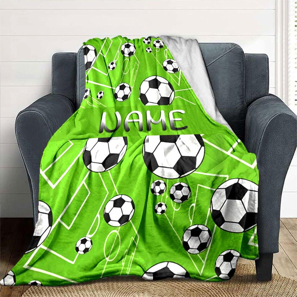 Soccer Ball Pattern On Green Field Background With Placeholder Cozy Customizable Blanket Customize Text Warmthful Decor Throw For Sofa Couch Office