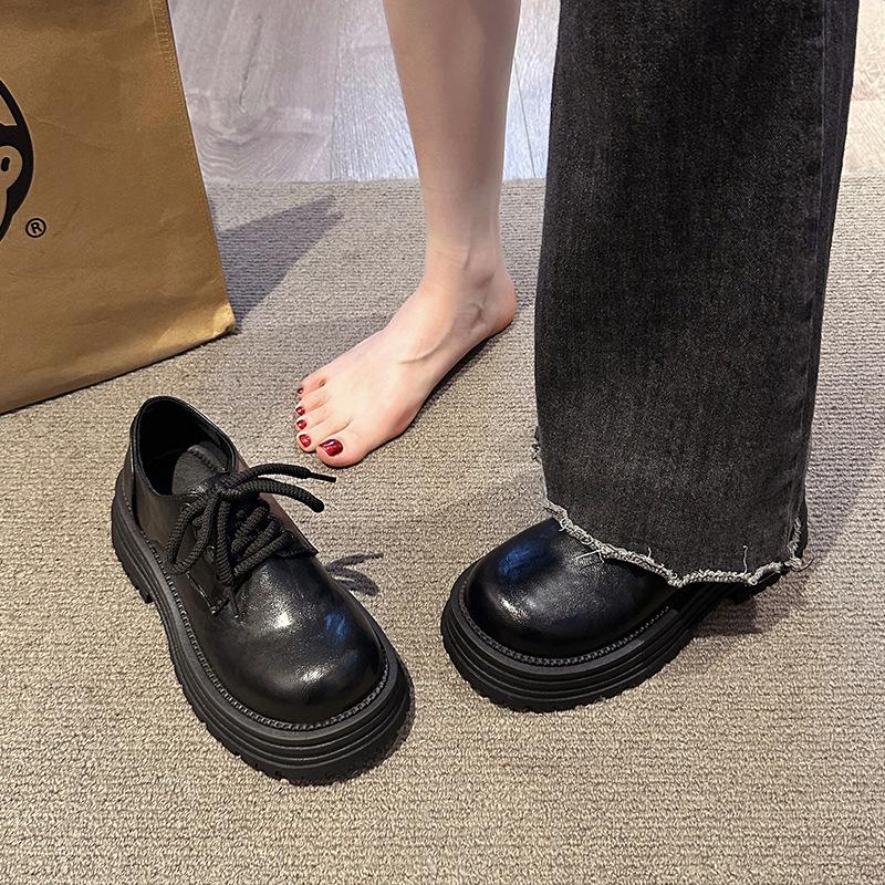 Dicke Sohle Kleine Lederschuhe für Damen, Vielseitige Runde Zehenpartie mit Schnürung, Dicker Absatz, Slipper, Einzelne Schuhe