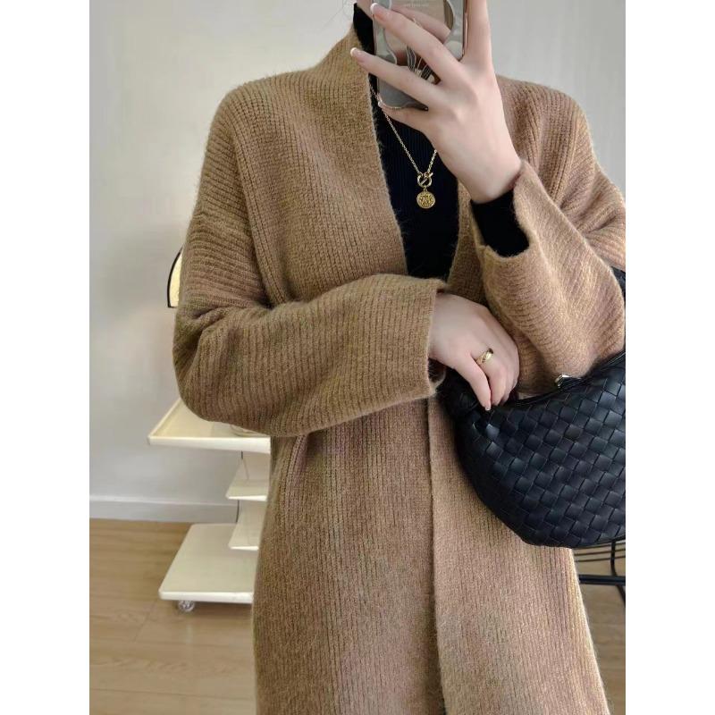 

Вязаный свитер для женской осени и зимы, новый свободный длинный кардиган в ленивом стиле, универсальная утолщенная свитер-куртка для женщин One size хаки