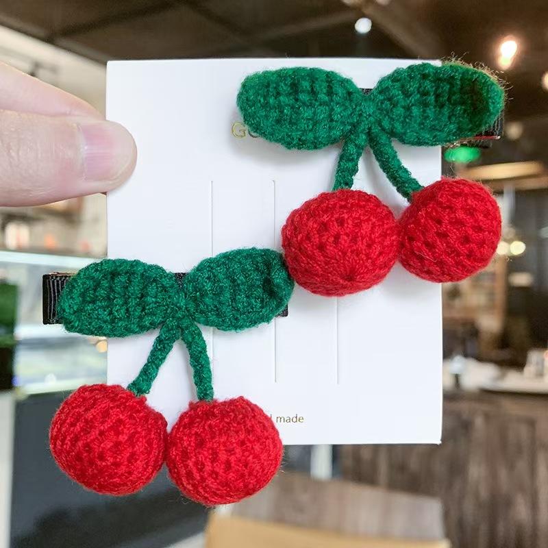 Popular 2pcs Red Cherry Hair Clip for Baby Girls Cute Knitted Hairpin Barrette Side Clip Child Headwear Fashion Hair Accessories