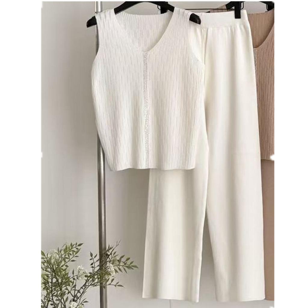 Casual Solid Knitted 2 Pieces Tracksuit Women Summer V-neck Rhinestones Knit Vest + Pants Set