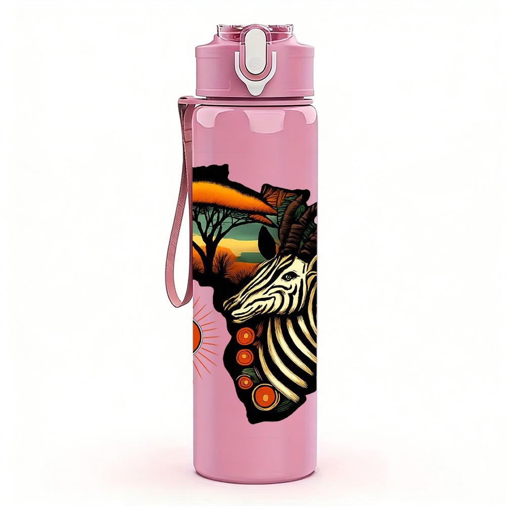 1PC Africa Map Wild Animal 750ml Color Plastic Sports Water Bottle Leakproof Flip Straw Lid Suitable for Sports Office Home Use