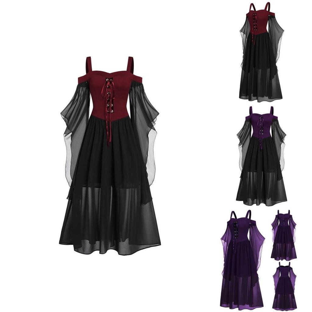 Halloween Witch Dress Gothic Medieval Cosplay Costume Off Shoulder High Quality Polyester Fabric