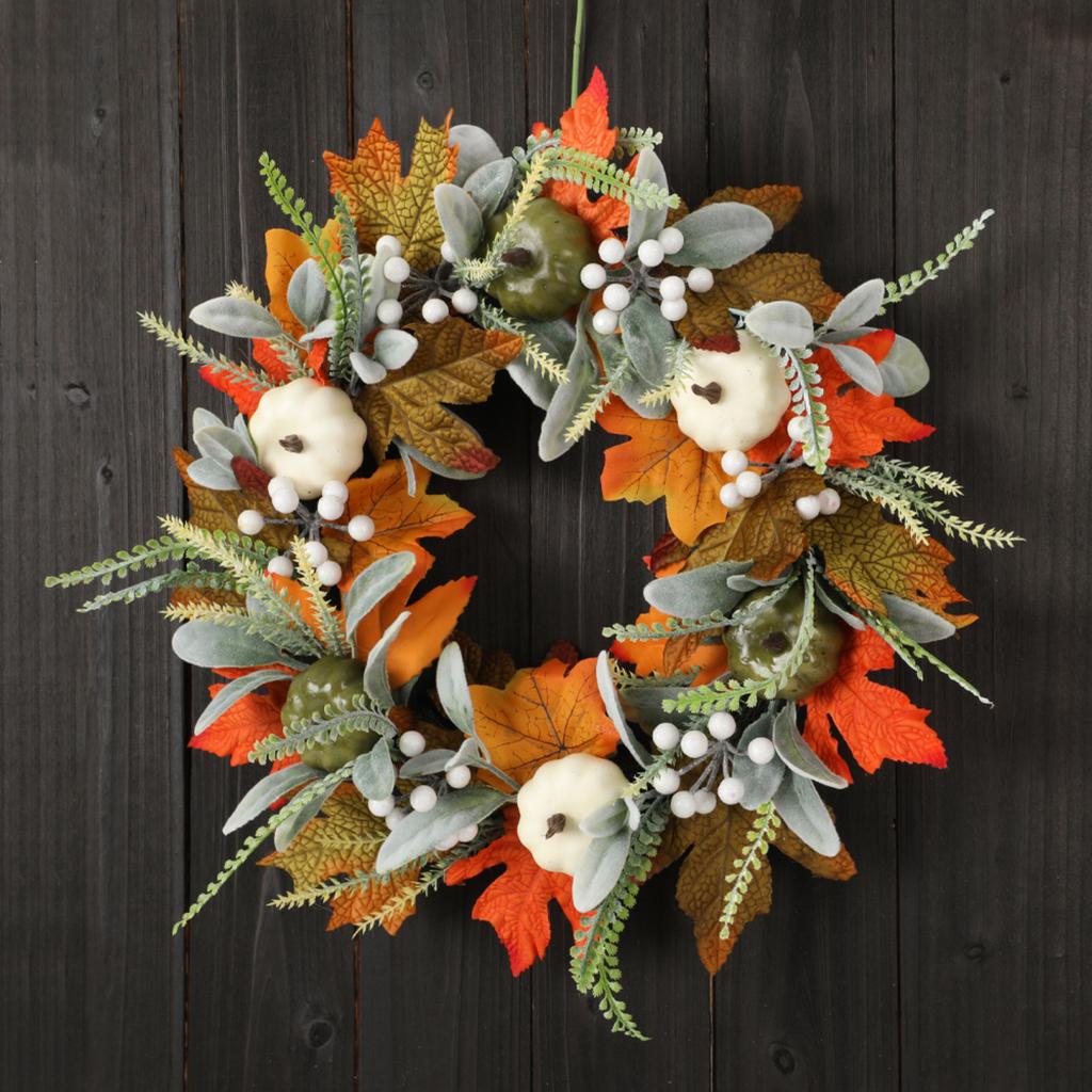 Artificial Pumpkin and Leaf Wreath 40/45cm Fall Harvest Decorative Door Wreath with Faux Berries and Foliage for Seasonal Home Decor