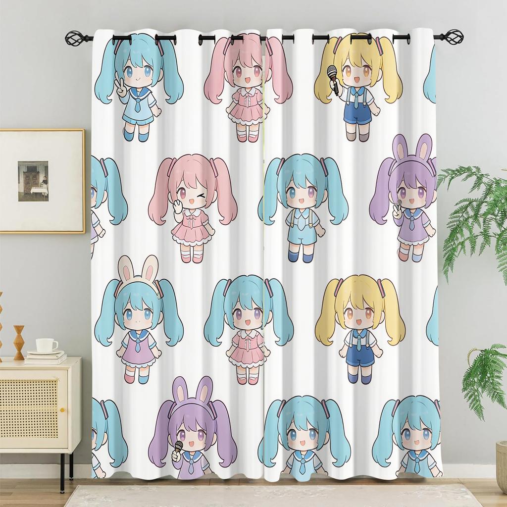 2Pcs Hatsune Miku Chibi Kawaii Style Blackout Curtains Cute Anime Window Drapes Fans Room Kids Room Teen Girl Bedroom Decor Gift