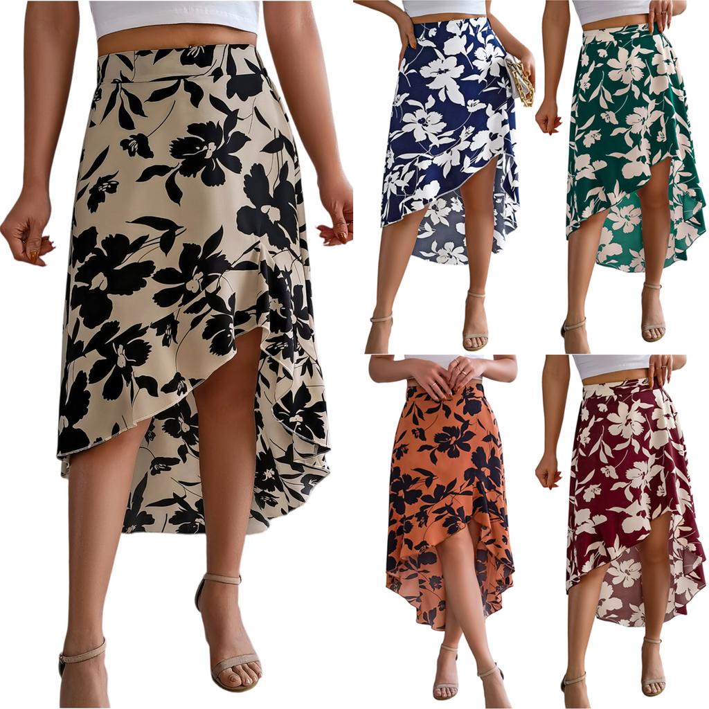 Women's Fashionable Floral Print Elastic Waist Ruffle Edge Mid Length Irregular Skirt