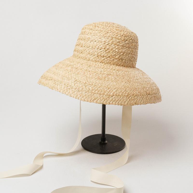 HH7330 ins summer long ribbon natural raffia grass Hepburn style Lampshade shape lady bucket hat Outdoor women holiday beach cap