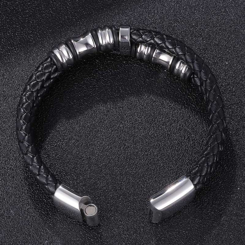 Punk Edelstahl Metallverschluss Herrenschmuck Zweilagiges Echtes Lederarmband Schwarze Anhänger HipHop Armband