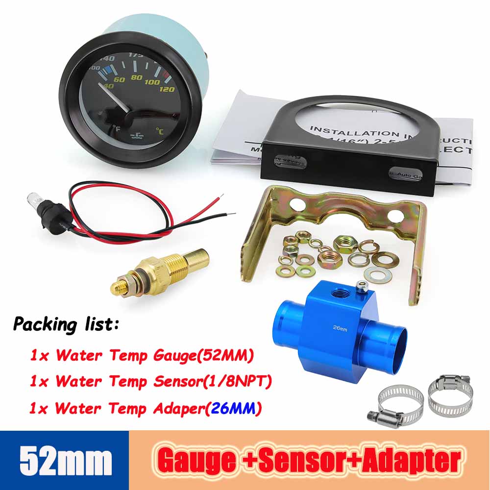 40-120 ℃/100-250 ℉ Unitate dublă Contor de temperatură pentru motociclete 52 mm Indicator de temperatură automat cu adaptor senzor 1/8NPT pentru vehicul pe benzină