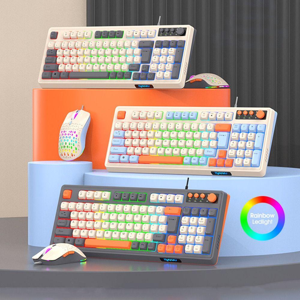 Backlight Keyboard Mouse Set 98 Key Layout Wired Keyboard New RAIKU T98 Keyboard  Office