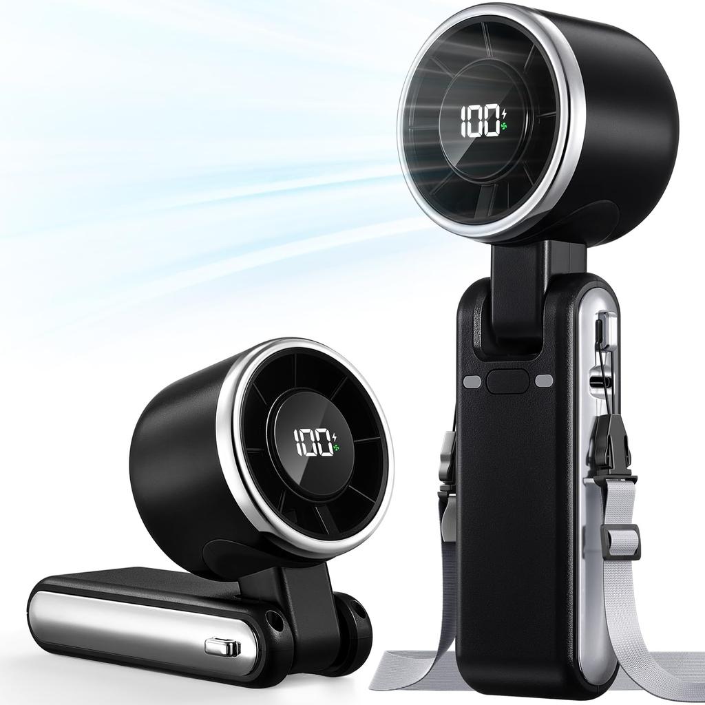 Foldable Handheld Mini Fan, Type C Rechargeable Portable Electric Fan, 5 Speed Wind Adjustable Digital Display Cooling Fan with Lanyard, Dual Use
