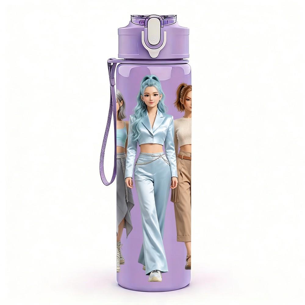 1PC Two Casual Ladies Walking 750ml Color Plastic Sports Water Bottle Leakproof Flip Straw Lid Suitable for Sports Office Home Use