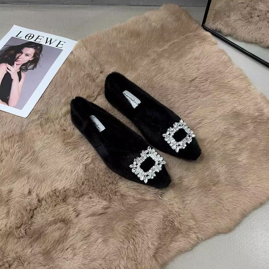 Women's flat-soled single shoes, Doudou velvet outer wear Korean version of fluffy shoes, women's pointed cotton shoes