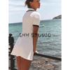 Summer New Product Women's Clothes Contrast Color Trim Short Sleeve V Neck Short Metal Button Rib Dress 4770154
