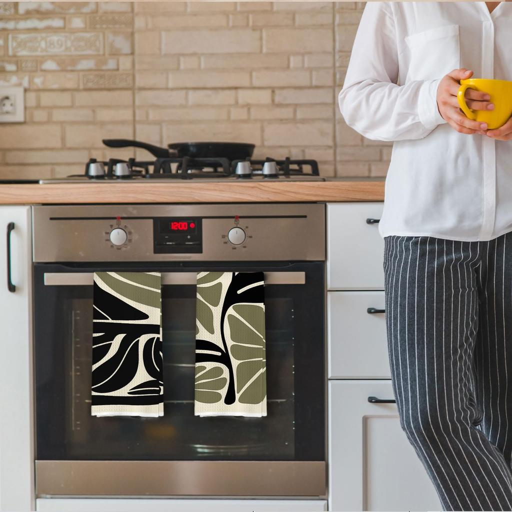 Boho Abstract Floral Kitchen Towels Set - Retro Green Black Flower Decorative Waffle Dish Towels, Mid Century Modern Decorative Hand Tea Towel, 16x24