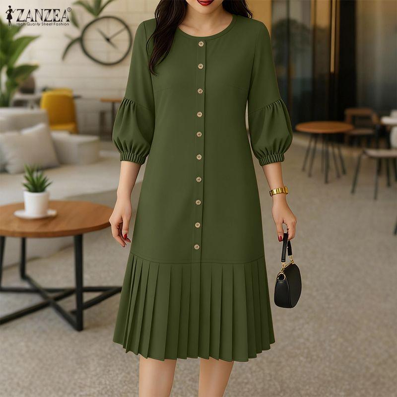 

ZANZEA Women Casual Round Neck 3/4 Sleeve Loose Pleated Dress 5XL зелений