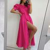Women's Summer Solid Color Temperament High Waist Mid-Length Shirt Dresses