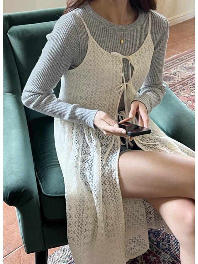 Korean Chic Lace See-Through Strappy Dress & Tie Cardigan - 2026 Spring/Summer Collection for Women