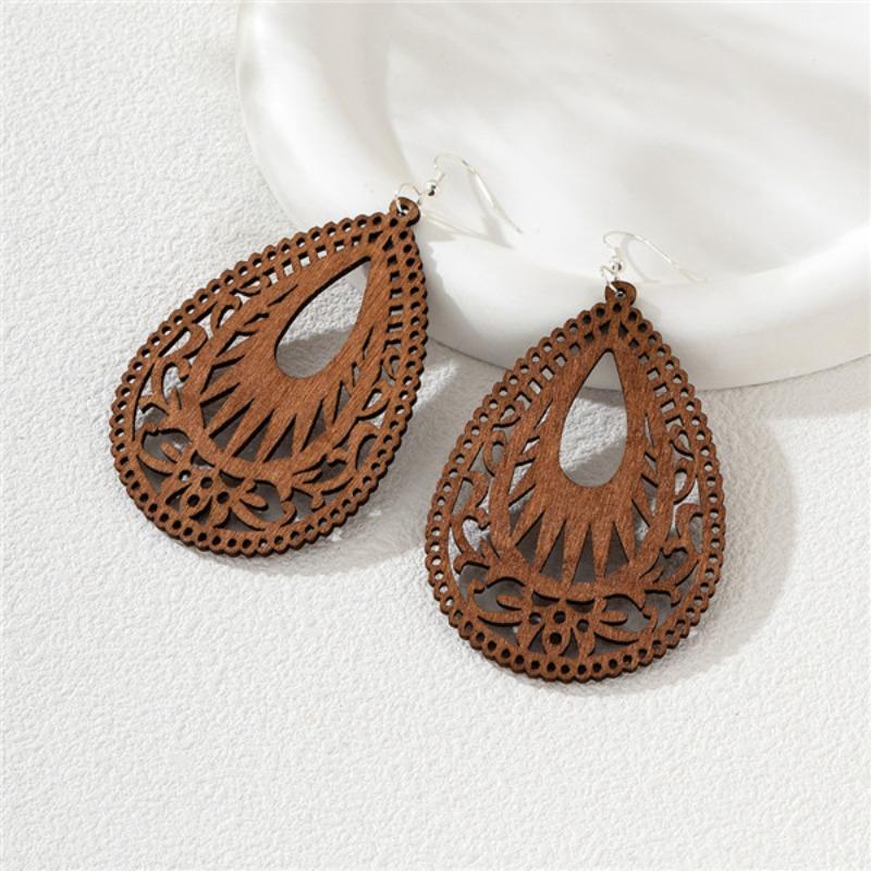 Wooden water drop-shaped hollow design earrings antique earrings versatile elegant geometric handmade literary retro