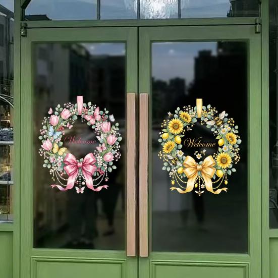 Frühlingsblumenkranz für Fenster, Sonnenblumen-/Tulpenkranz mit Schleife, statisch haftender Aufkleber, wiederverwendbare Glasaufkleber für Wohnzimmer und Küche
