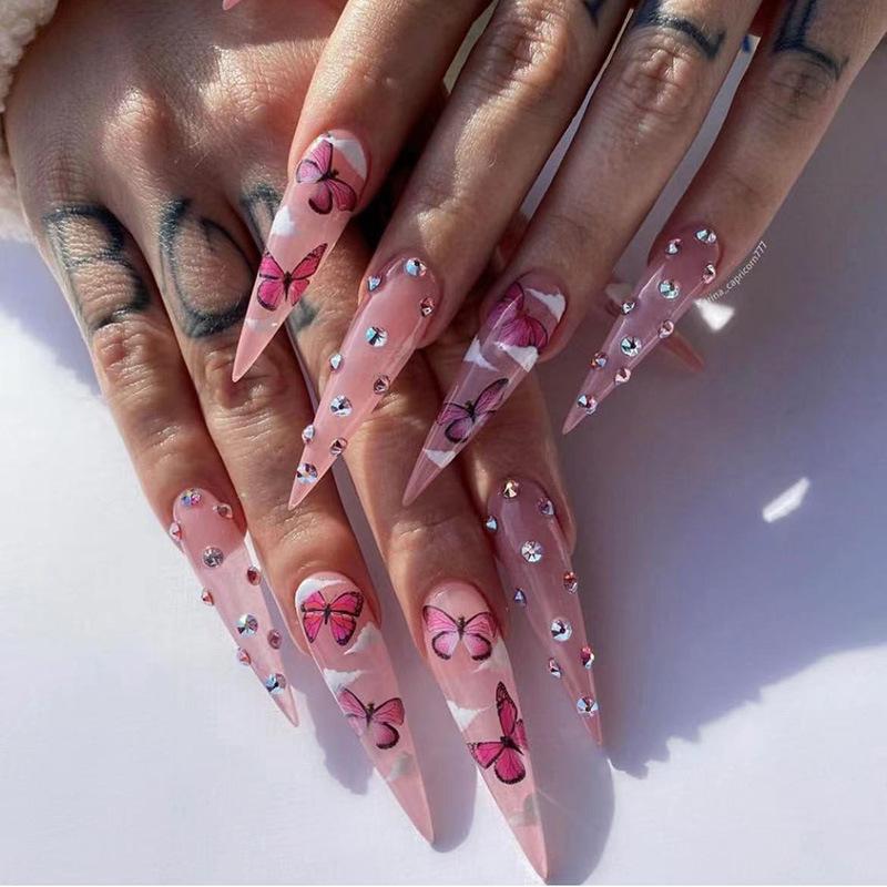 24Pcs Wine Red French Stiletto Press On Nails With 3D Bow Cherry Pearl Decor Detachable Fake Nail Tips