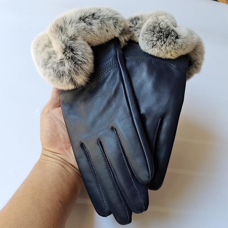 Women Winter Genuine Sheepskin Leather Glove With Rex Rabbit Fur Cuff Warm Winter Female Genuine Leather Gloves Hand Warmer