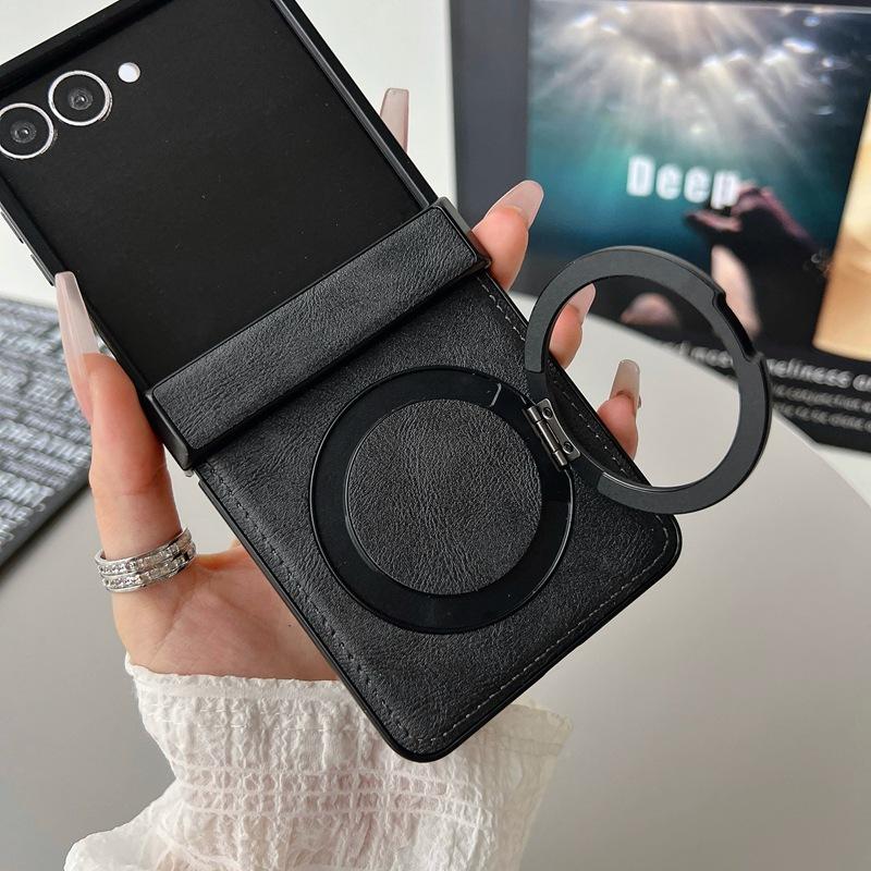 For Samsung Galaxy Z Flip 8 7 FE 6 5 4 3 Flip7 Flip6 Flip5 Hinge Protection Magnetic Case 360 Rotating Ring Holder Leather Cover