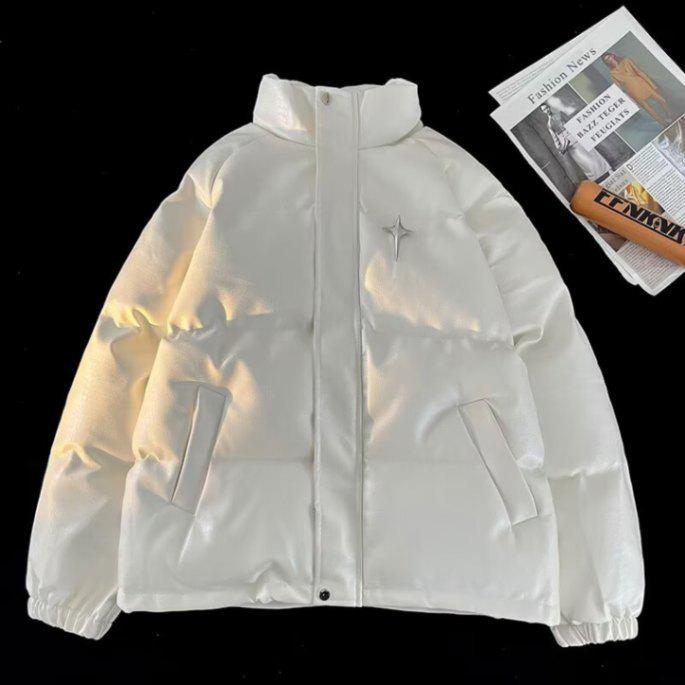 

Men s Trendy Stand Collar White PU Leather Puffer Jacket - High Street Thickened Winter Outerwear L