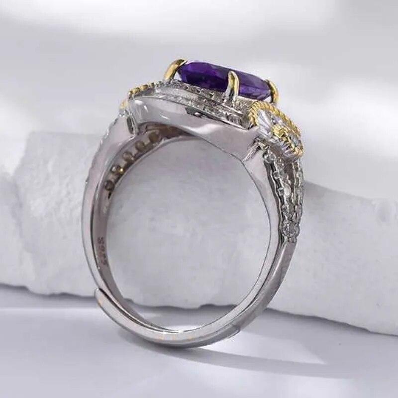 Sace Gems Inele de lux cu ametist natural, redimensionabile, din argint 925, pentru femei, cocktail de logodna, cadou de bijuterii fine
