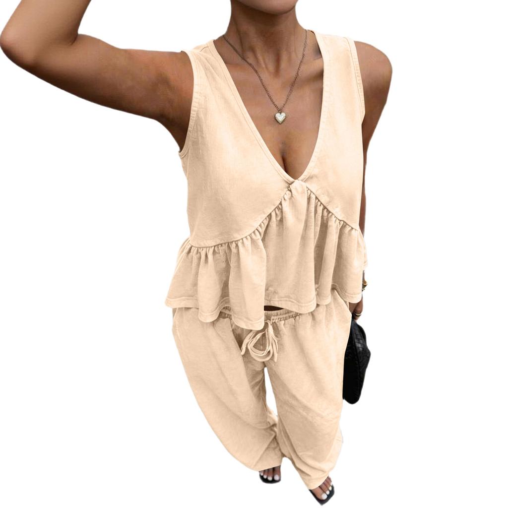 Ladies' Casual V-neck Sleeveless Vest And Pants Set