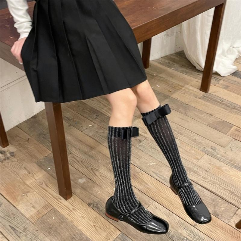 Delicate Women Girls Lace Calf Socks Spring Summer Calf Socks Under Knee Stocking Antiskid Bowknot Decor Knee Sock