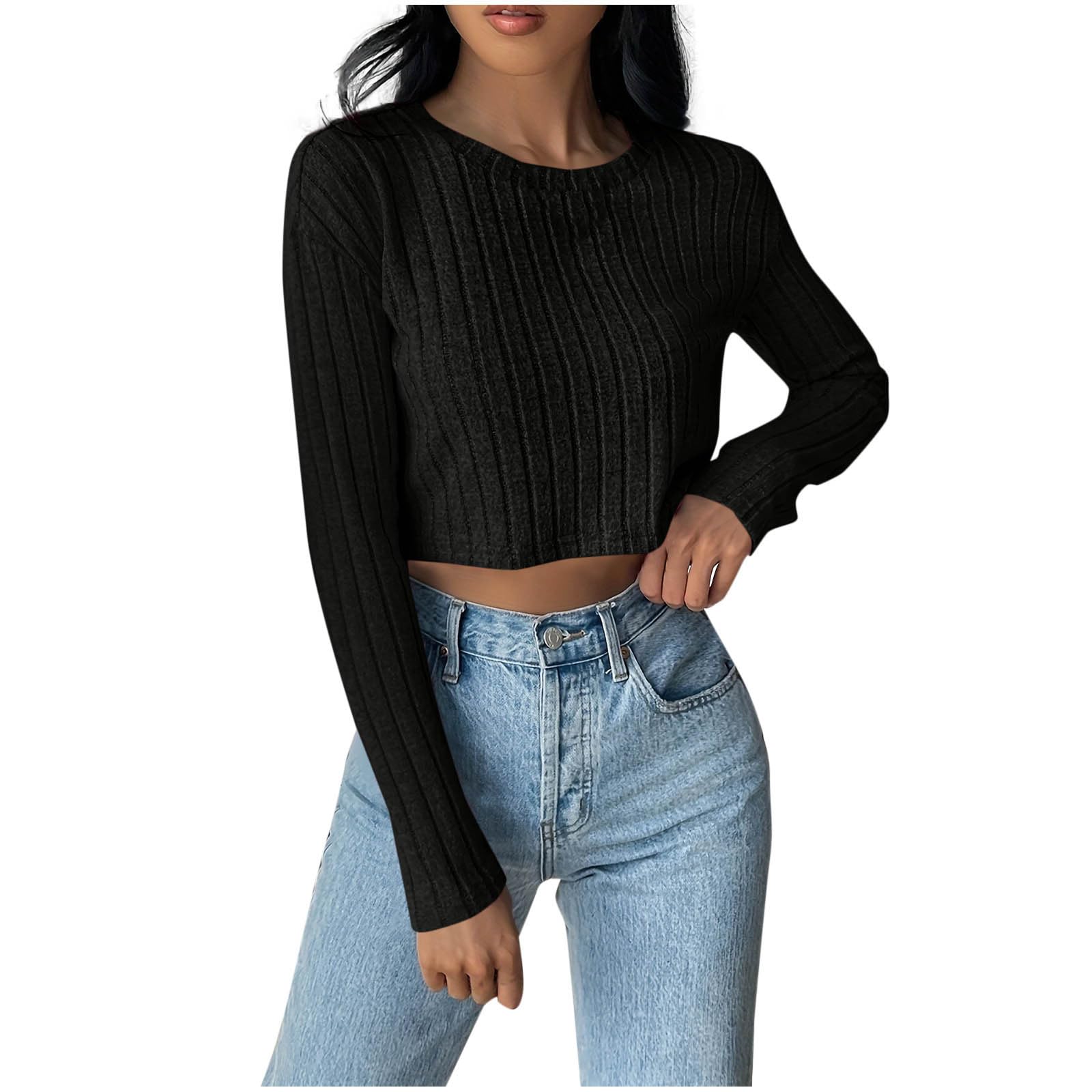 

Women s Fashionable Solid Color Round Neck Long Sleeved Casual T-shirt Casual Top S