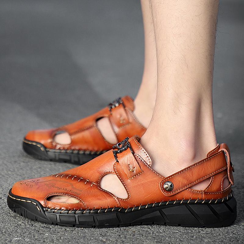 Fashion Summer Hollow Out New Flat Casual Sandals Men's Outdoor Seaside Breathable Cowhide Sewn Slippers Comfortable Men's Shoes 38-50