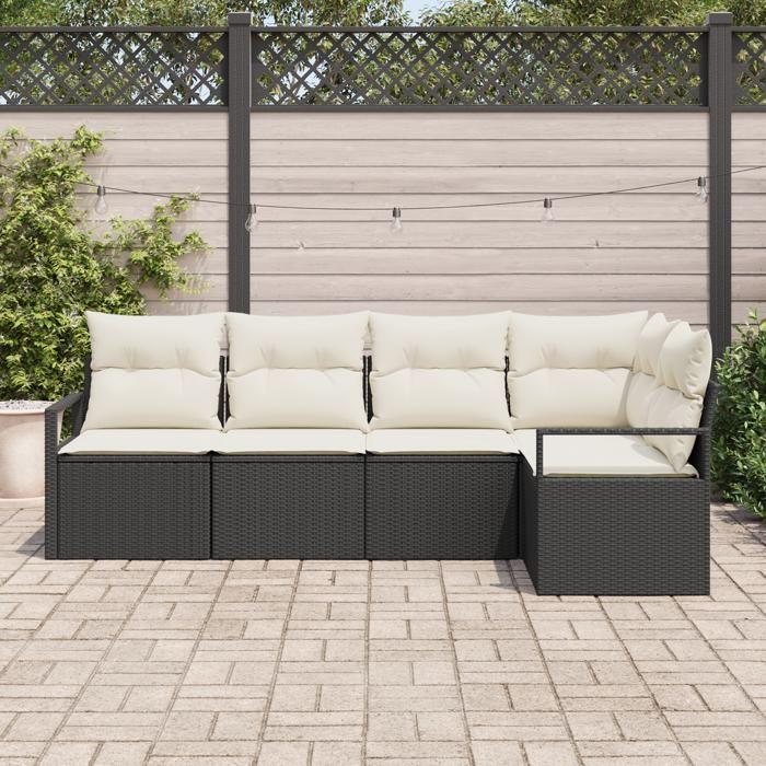 Set de Canapé de Jardin de 5 Pièces avec Coussins Noir Rattan Poly, Canapé de Jardin 2 places avec Rangement et Coussins 3355046