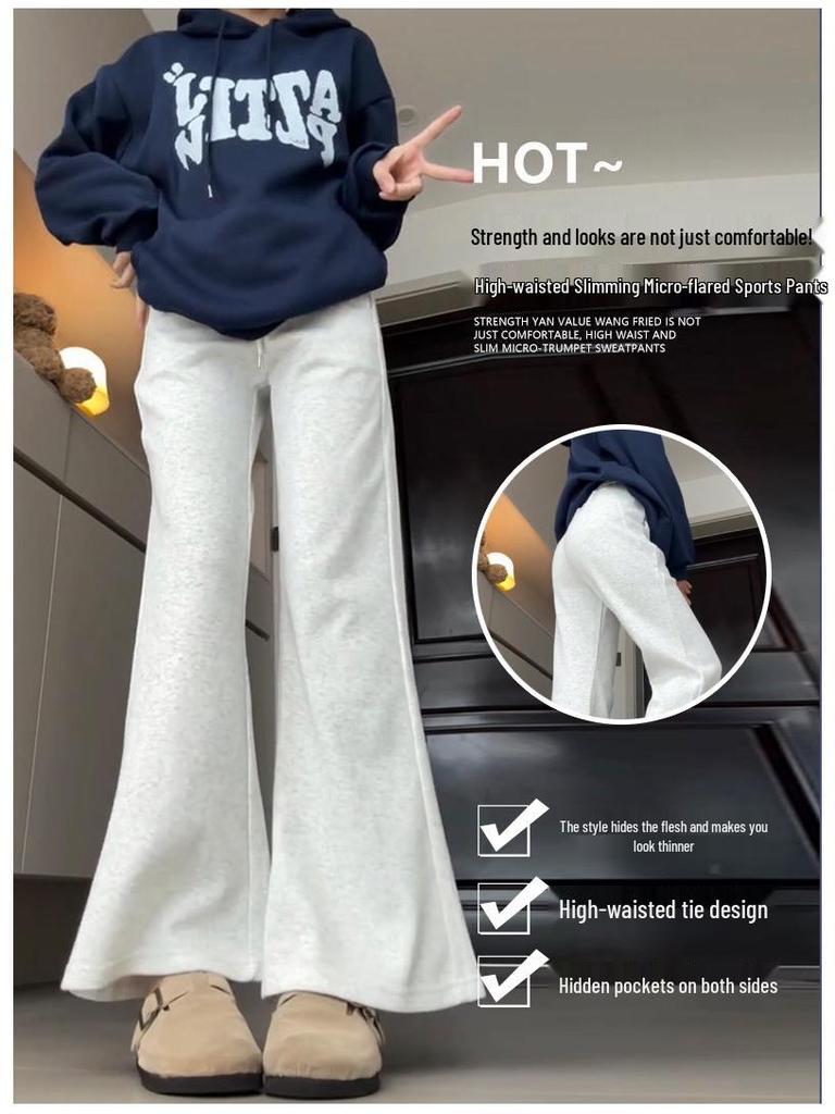 Douyin Women’s Winter Fleece-Lined Micro Flare Sweatpants - 2024 High Waist Slimming Wide Leg Horseshoe Pants