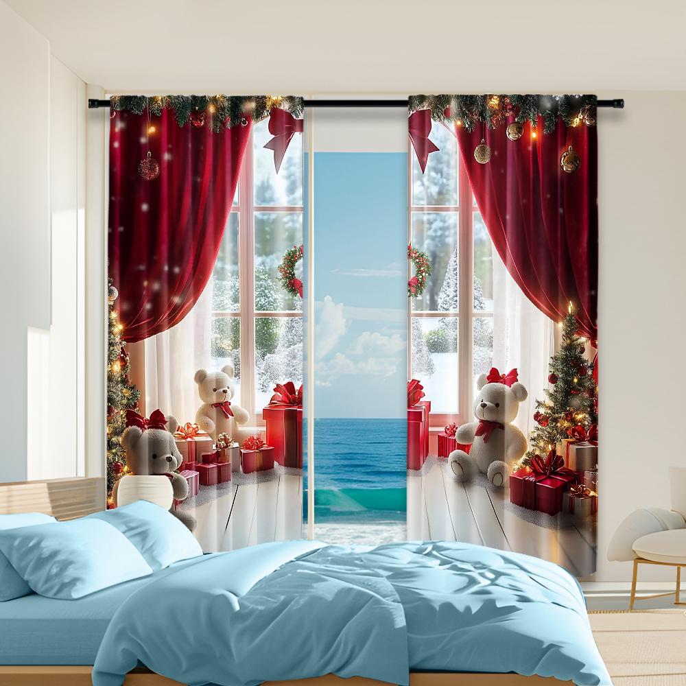 

2Pcs Christmas Themed Window Curtains Gift Box And Bear Design Polyester Material Drapes For Bedroom Living Room Office Decor 100*130 HOOK 1pcs
