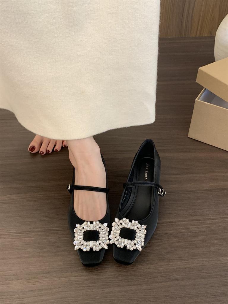 Evening breeze spring and autumn silver new light mouth rhinestone 2025 thick heel Mary Jane high heels commuting French single shoes women