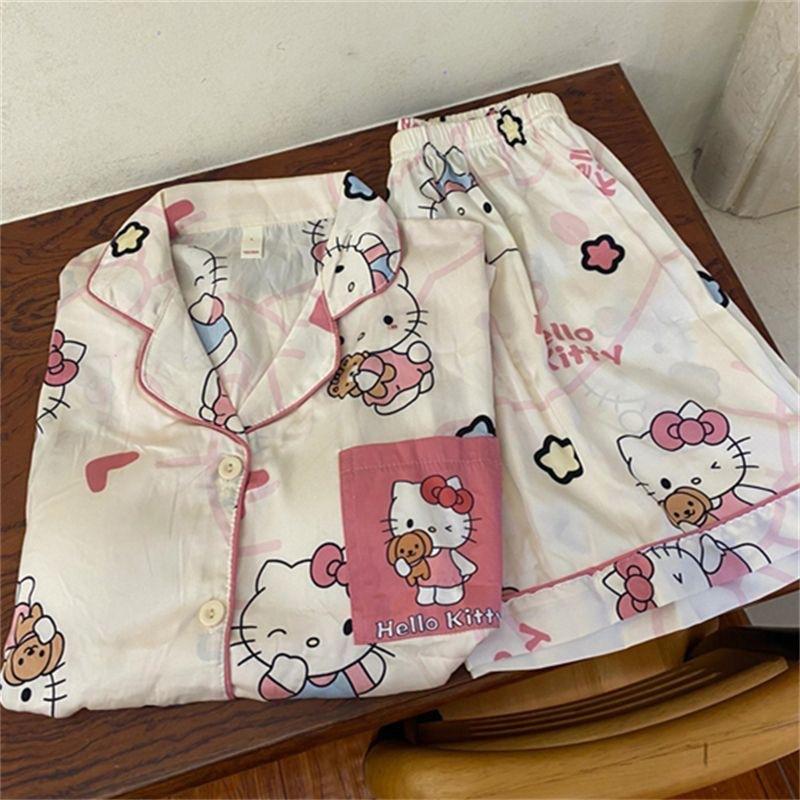 

Full of cartoon Kitty cat pajamas women s summer short-sleeved shorts cardigan set soft cute princess style loungewear S