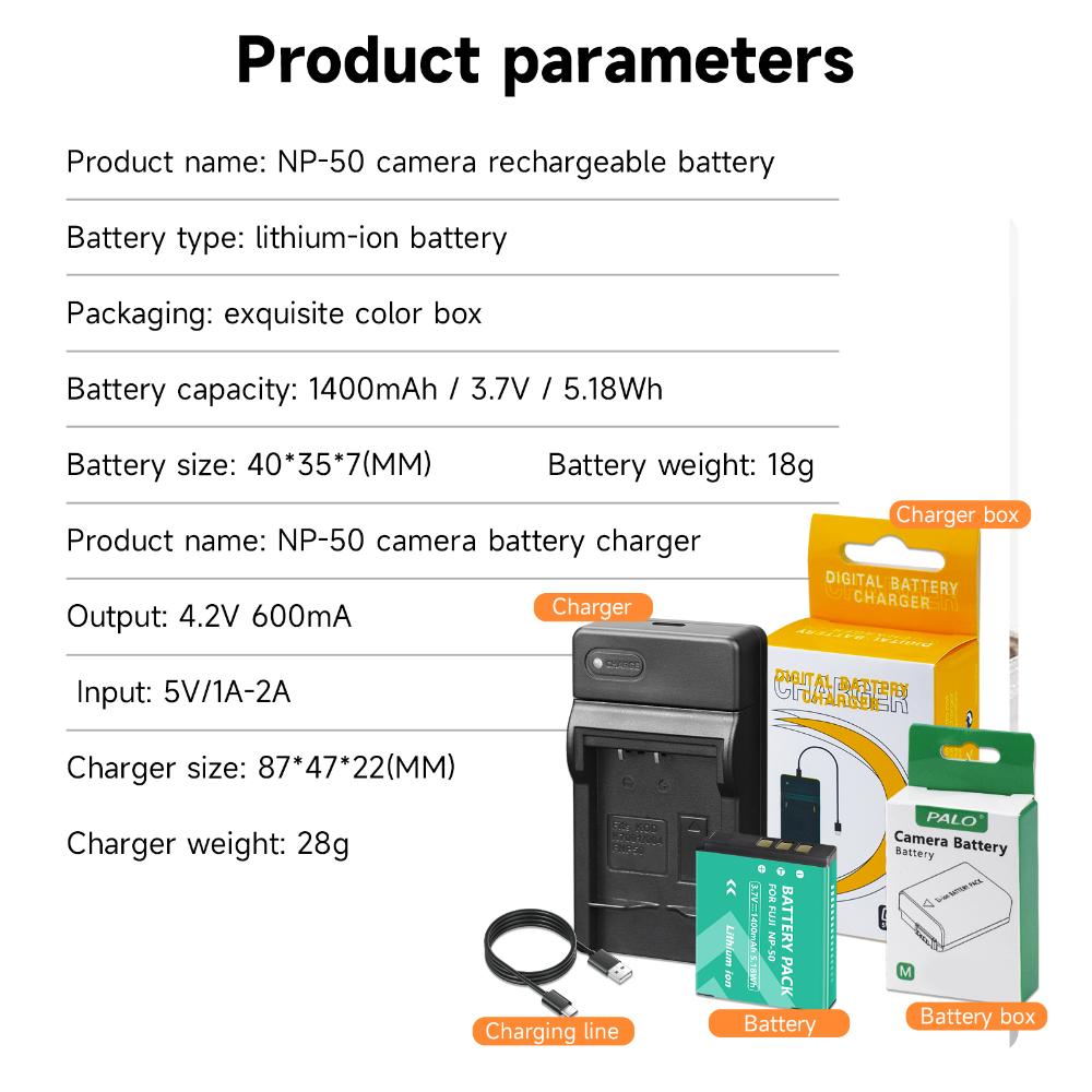 PALO 1400mAh NP-50 NP 50 Kameraakku für Fujifilm FinePix XF1 F200EXR F100fd XP100 XP170 X10 X20 XP200 F70EXR + LED-Ladegerät
