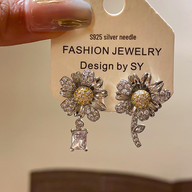 Silver Needle Zircon Sunflower Pendant Earrings: Elegant, High-End, Fashionable Studs for Versatile Wear.