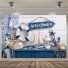 Nautical Coastal Welcome Photography Backdrop Lifebuoy Anchor Lighthouse Seashell Ocean Themed Party Photo Banner