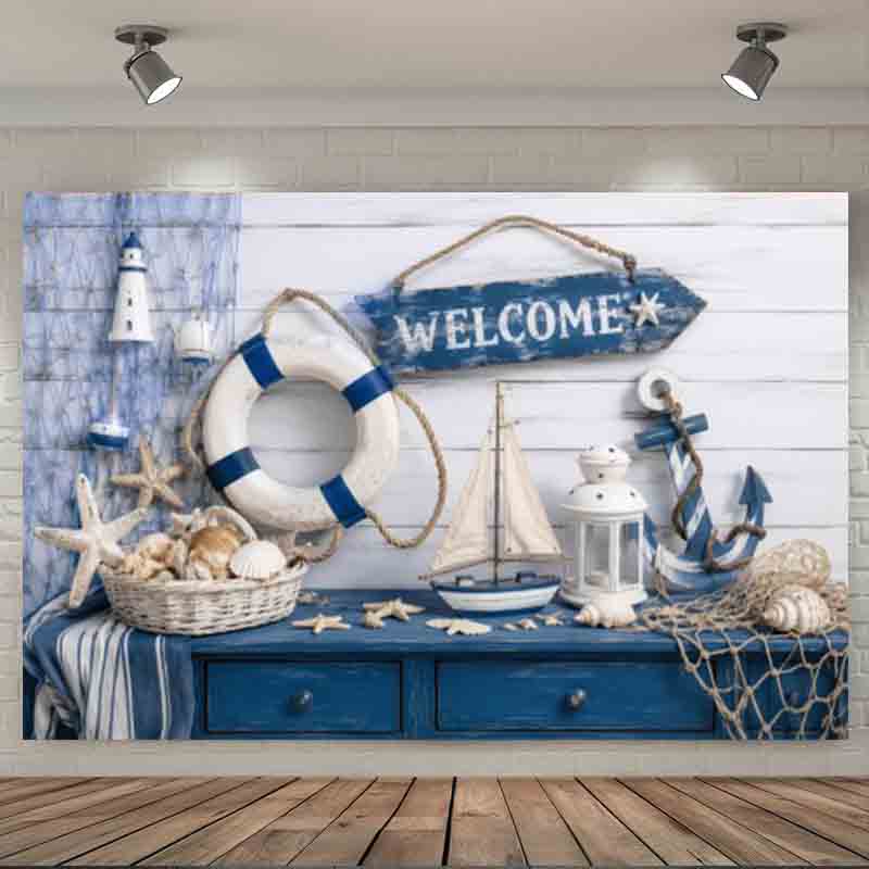 Nautical Coastal Welcome Photography Backdrop Lifebuoy Anchor Lighthouse Seashell Ocean Themed Party Photo Banner