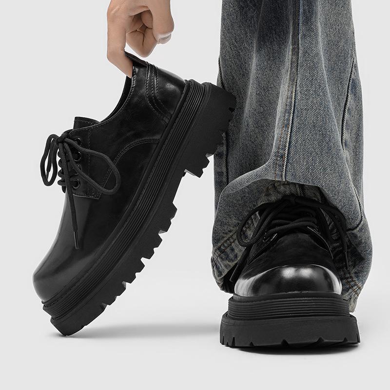 British style platform derby shoes, new black round head lace-up commuting height-increasing big head casual leather shoes