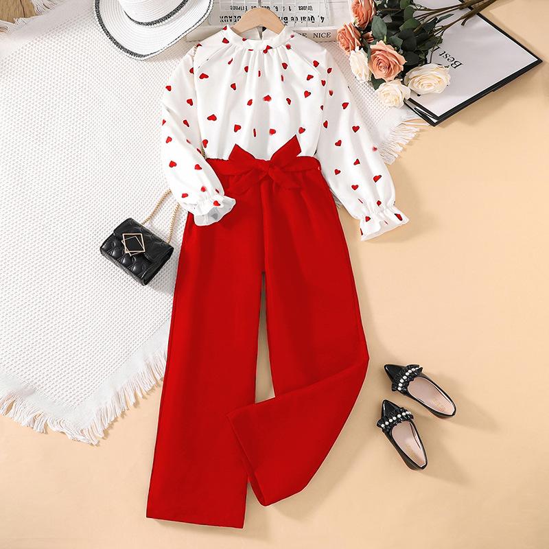 Girls Clothing Formal Clothes Printed Long Sleeved Shirt and Pants Suit Fashion Sets