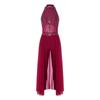 Women Lyrical Dance Unitard Glitter Rhinestone Halter Backless Sheer Waist Tight Pants Mesh Layer Jumpsuit Flowing Dancewear for Stage Performance