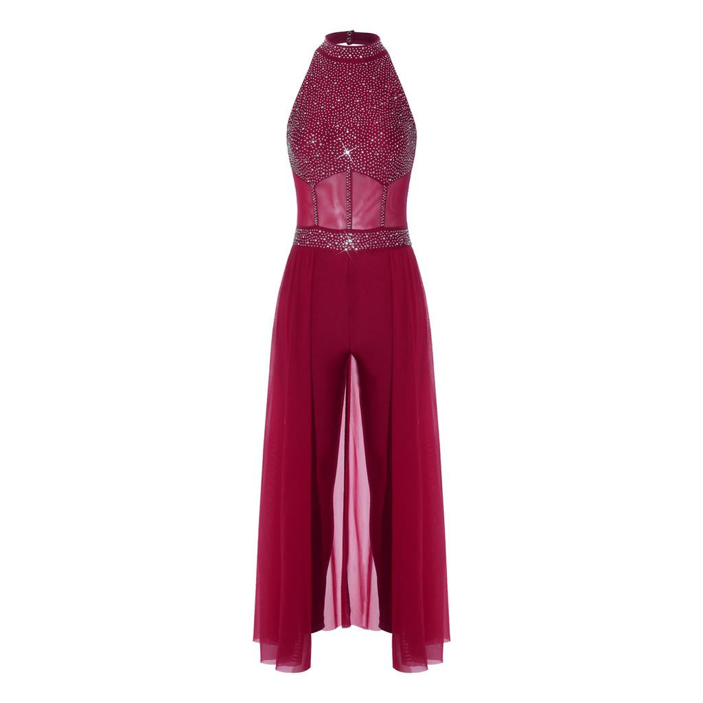 Women Lyrical Dance Unitard Glitter Rhinestone Halter Backless Sheer Waist Tight Pants Mesh Layer Jumpsuit Flowing Dancewear for Stage Performance